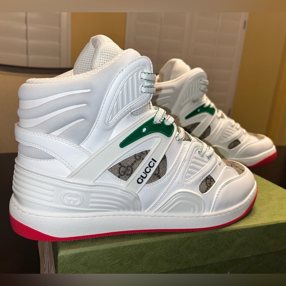 New Gucci High Top GG Supreme Logo White Tan Sneaker Shoes Size UK 10 / US 10.5 - Picture 6 of 15